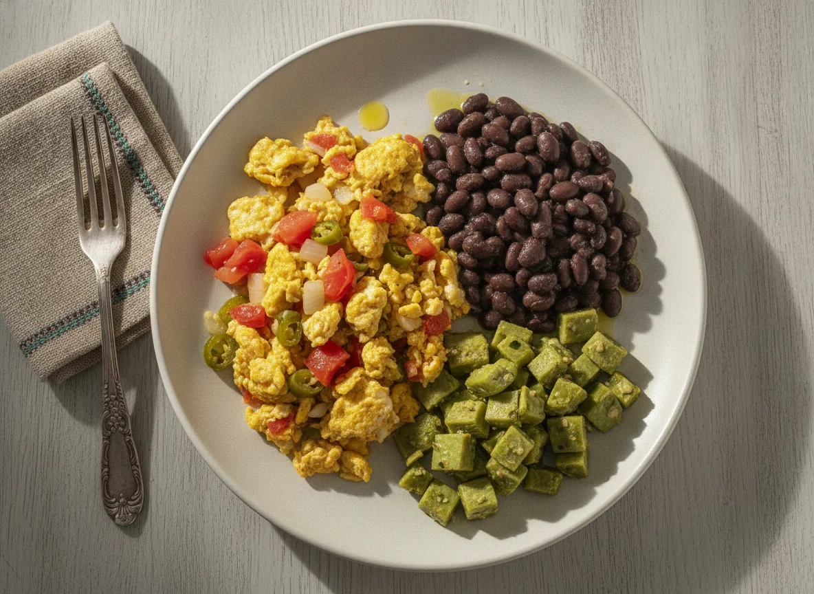 Huevos a la mexicana con frijoles y nopales photo