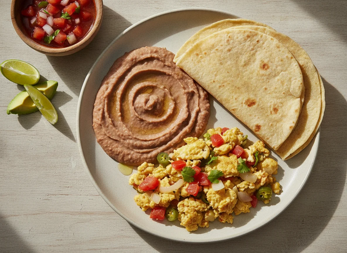 Huevos a la mexicana con frijoles y tortilla de harina photo