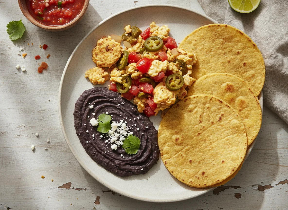 Huevos a la mexicana con frijoles y tortillas photo