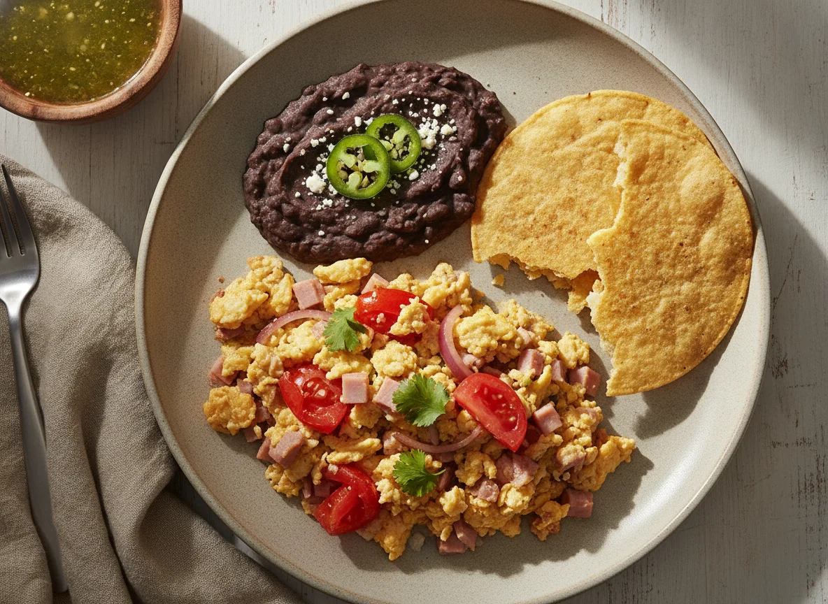 Huevos a la mexicana con jamón, frijoles refritos y tostadas photo