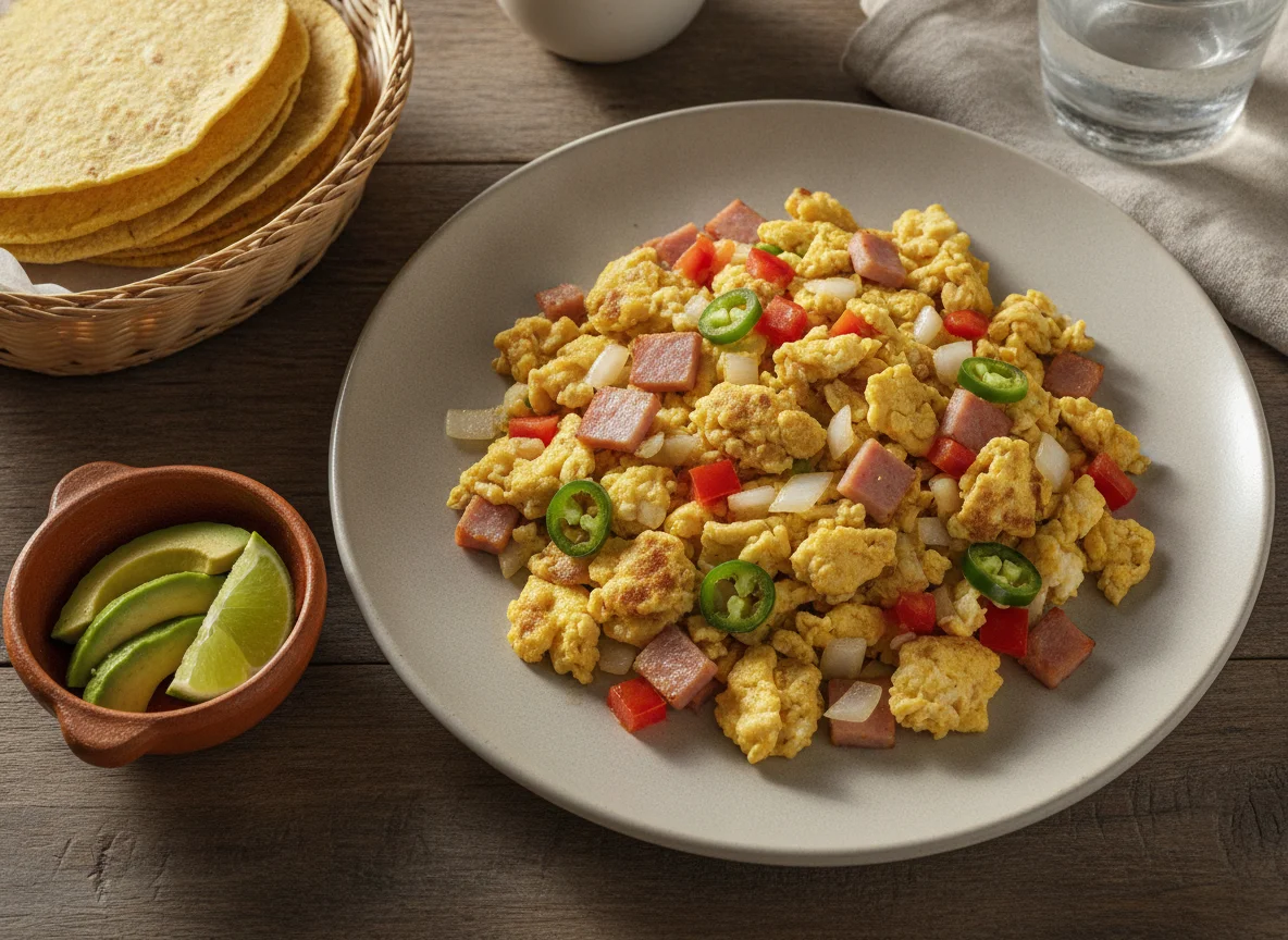 Huevos a la mexicana con jamón y tortillas photo