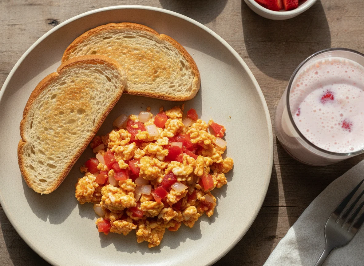 Huevos a la mexicana con pan tostado y licuado de fresa photo