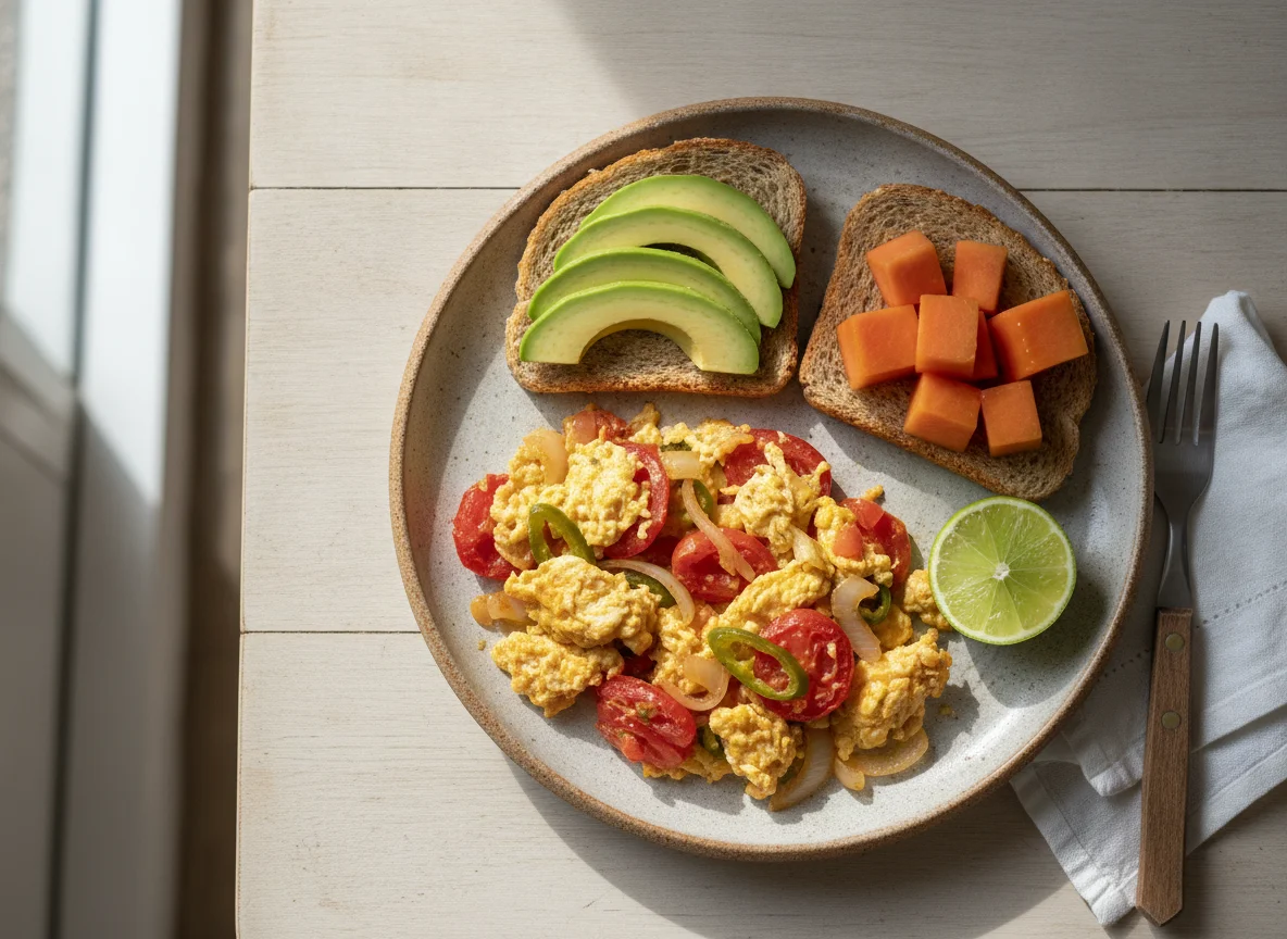 Huevos a la mexicana con pan tostado y papaya photo