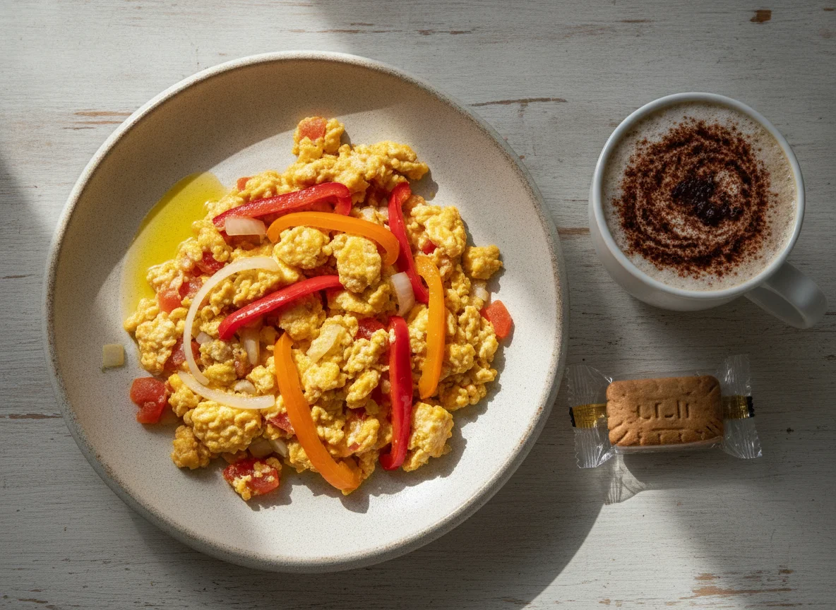 Huevos a la mexicana con pimientos y café photo
