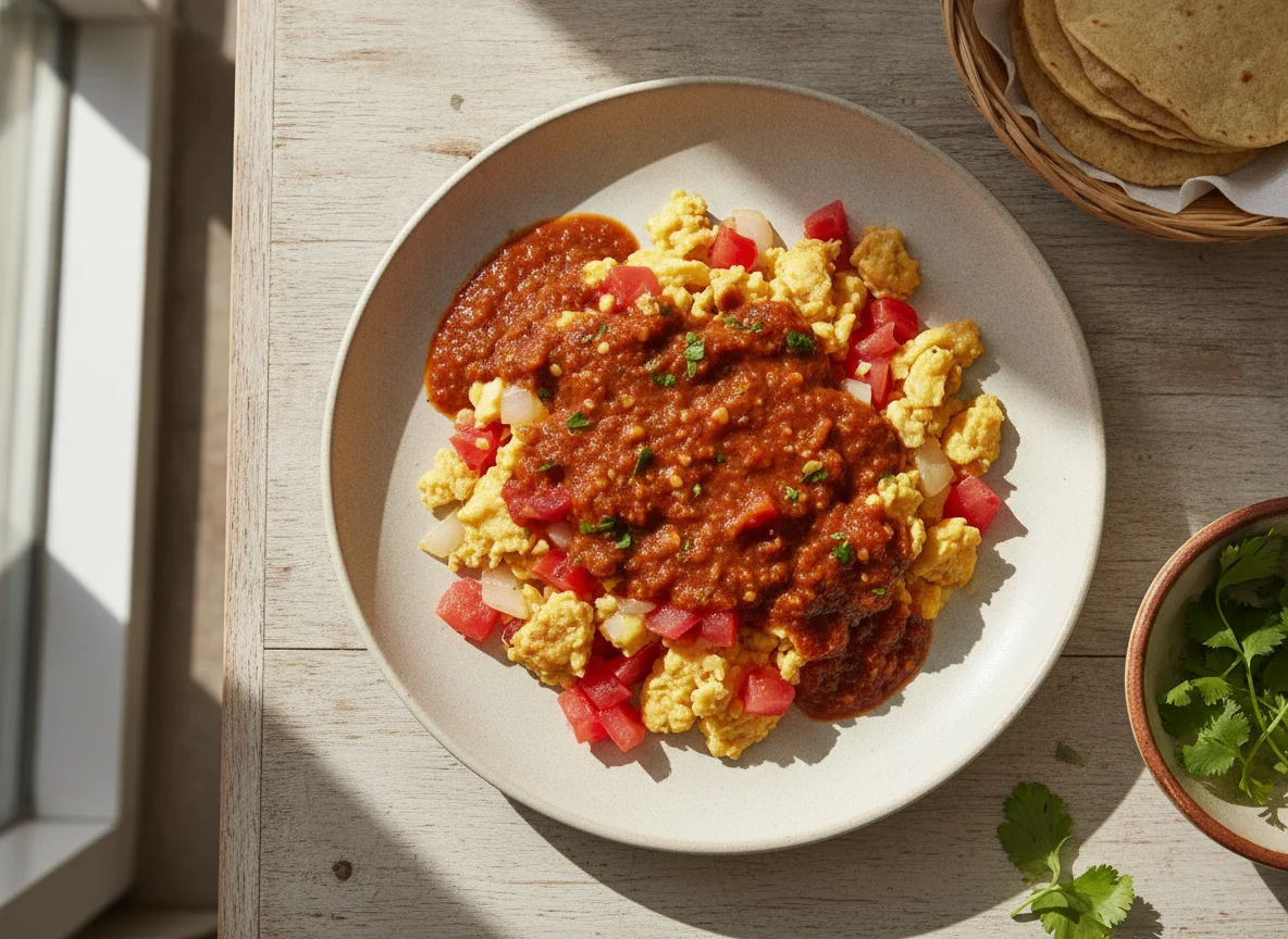 Huevos a la mexicana con salsa roja photo
