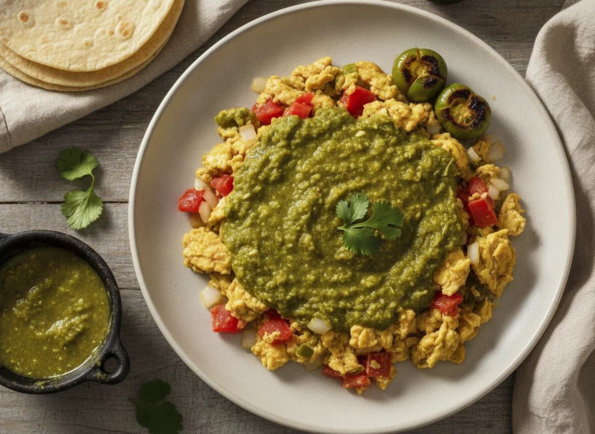Huevos a la mexicana con salsa verde photo