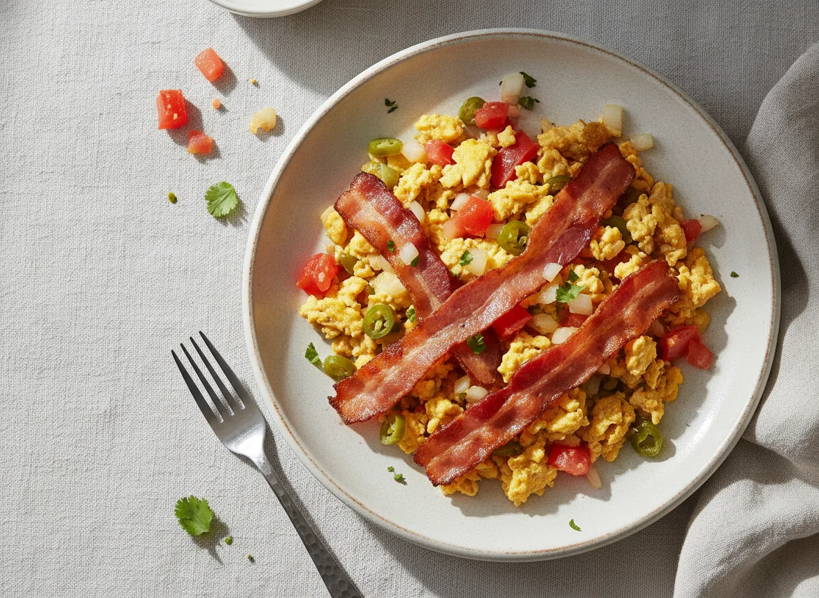 Huevos a la mexicana con tocino photo