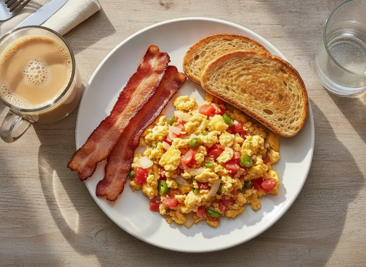 Huevos a la mexicana con tocino y café con leche photo