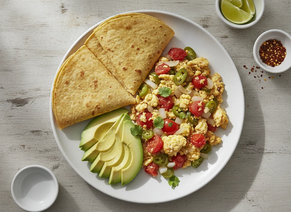 Huevos a la mexicana con tortilla y aguacate photo
