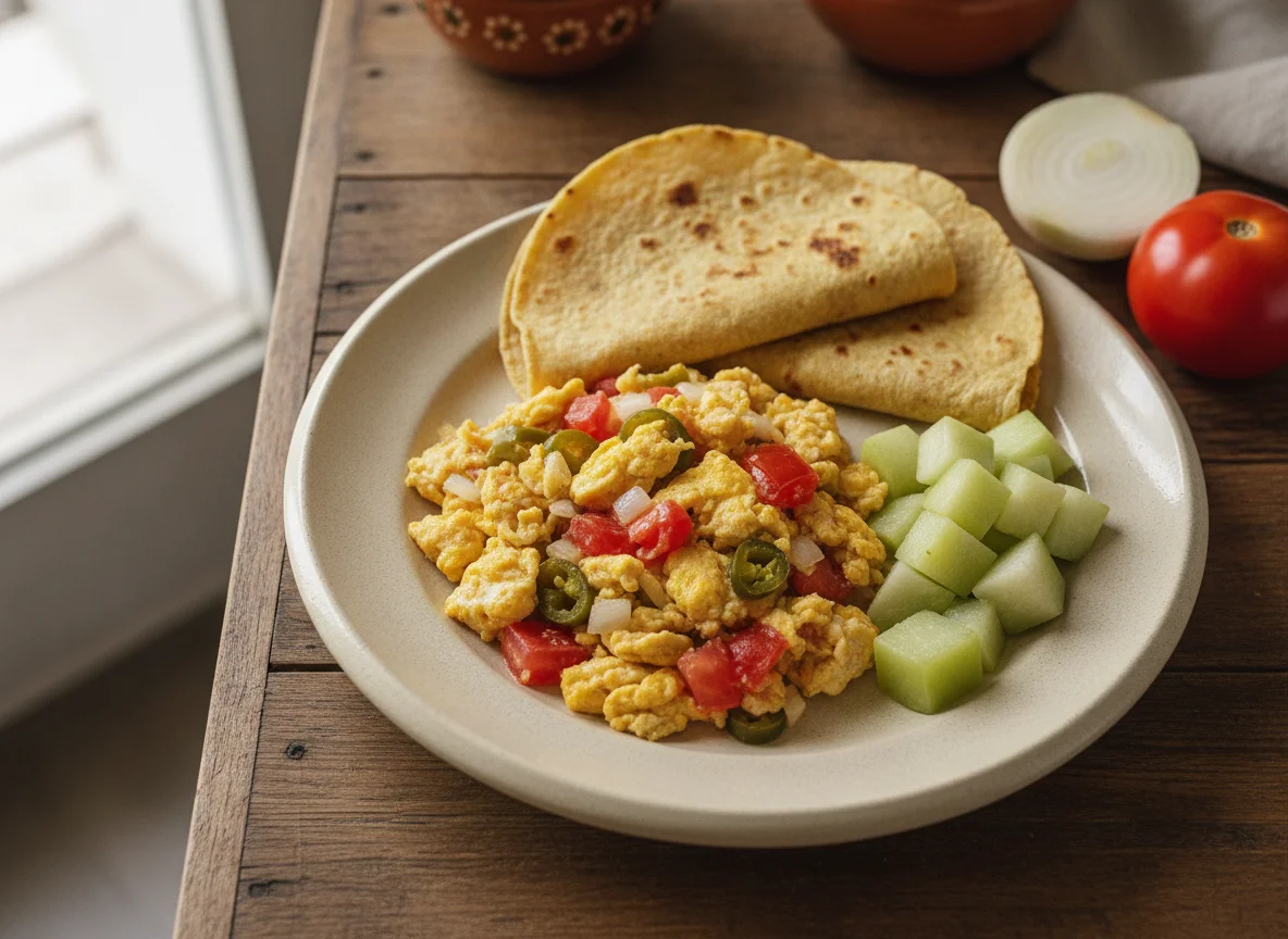 Huevos a la mexicana con tortilla y chayote photo