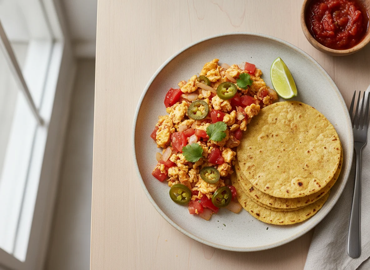 Huevos a la mexicana con tortillas photo