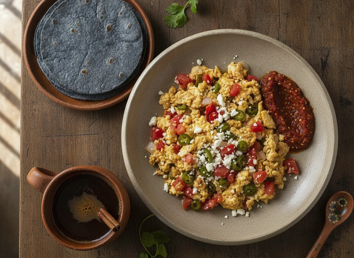 Huevos a la mexicana con tortillas de maíz azul y café de olla photo