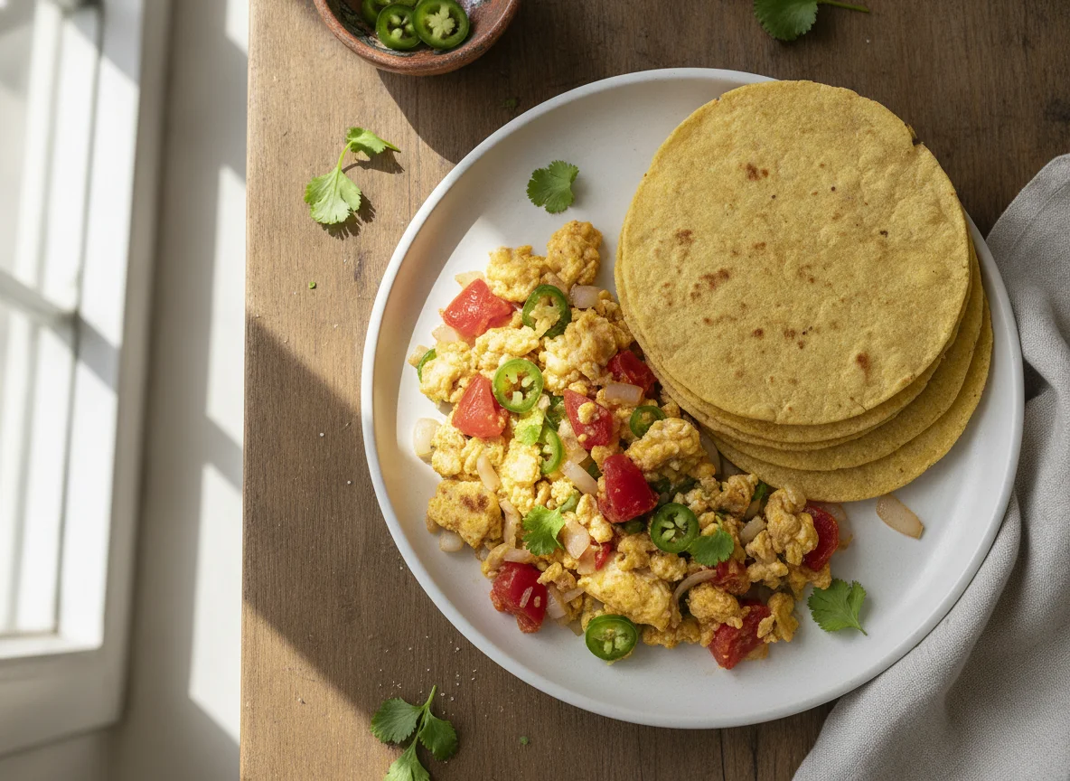 Huevos a la mexicana con tortillas de maíz photo