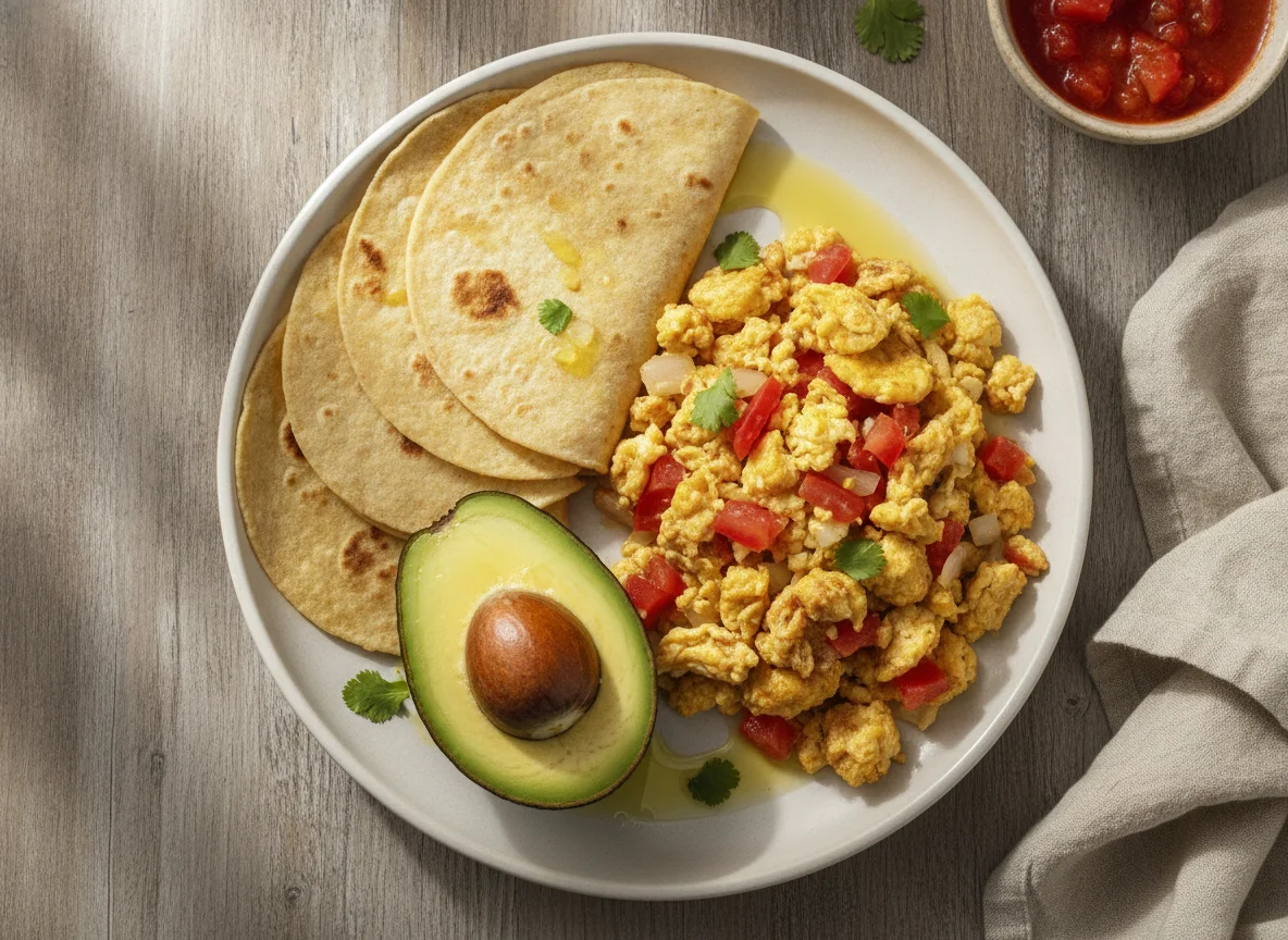Huevos a la mexicana con tortillas y aguacate photo