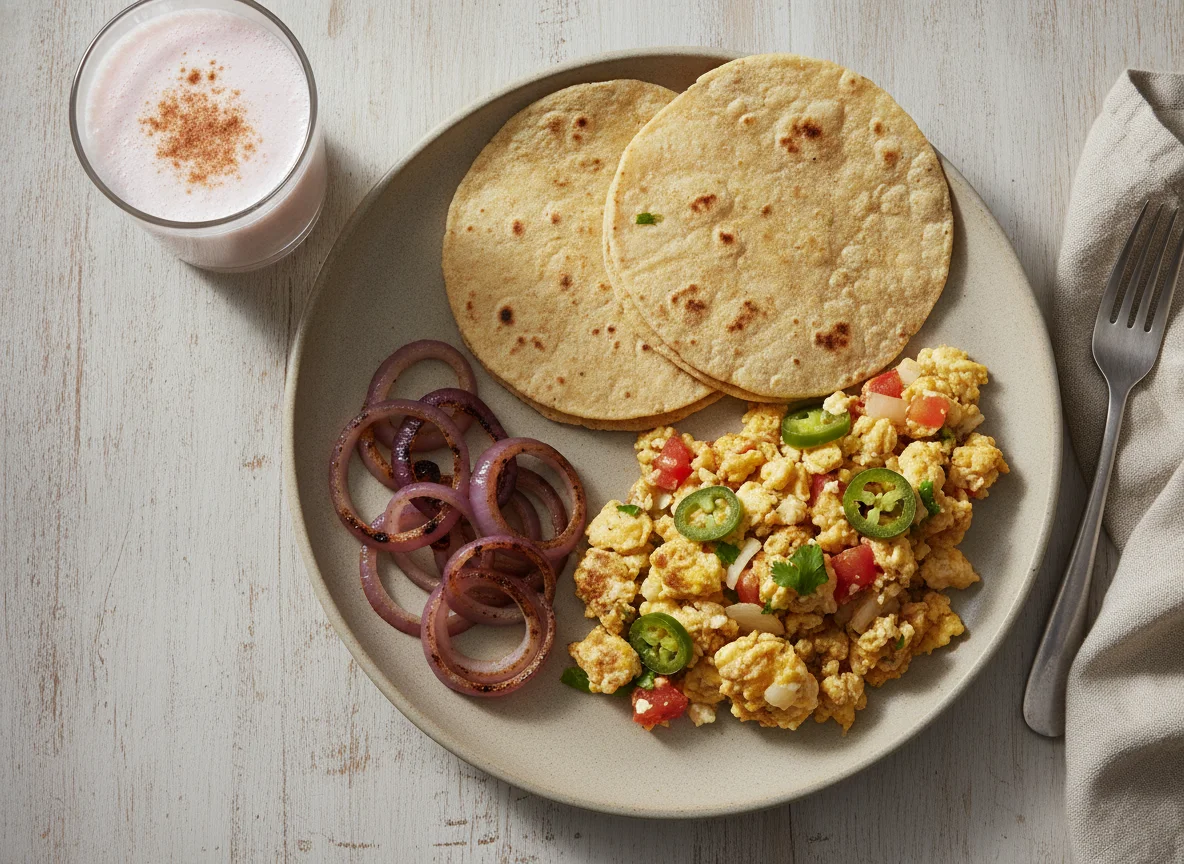Huevos a la mexicana con tortillas y cebolla asada photo
