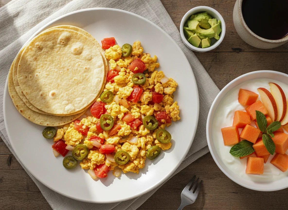 Huevos a la mexicana con tortillas y fruta con yogurt photo