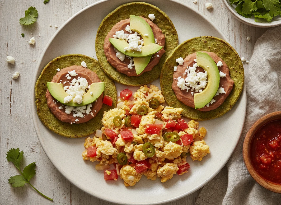 Huevos a la mexicana con tostadas de nopal photo