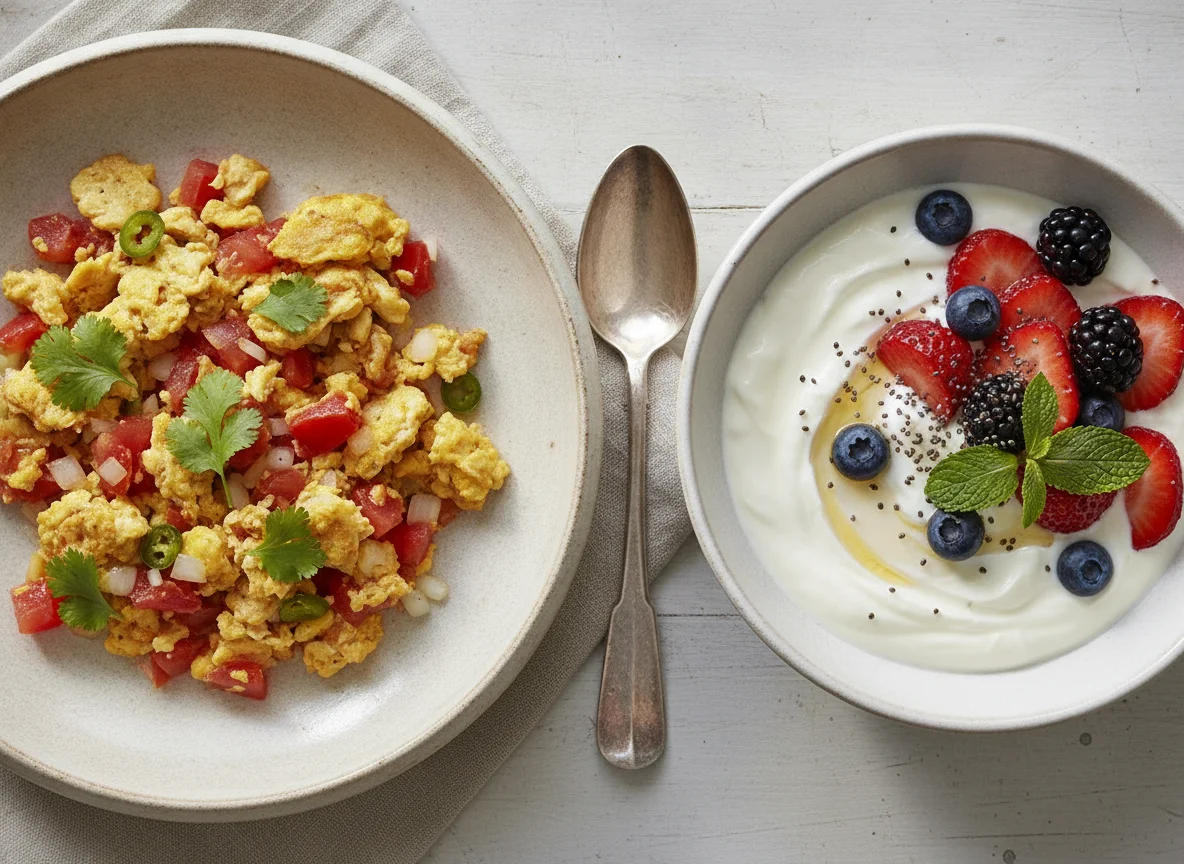 Huevos a la mexicana y yogurt con frutos rojos photo