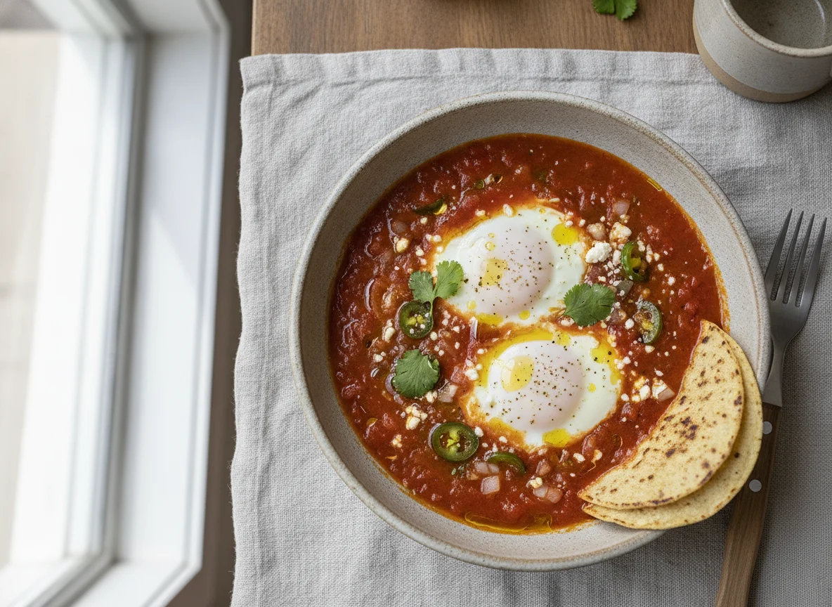 Huevos ahogados en salsa roja photo