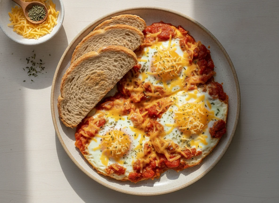Huevos al horno con queso y tostadas photo