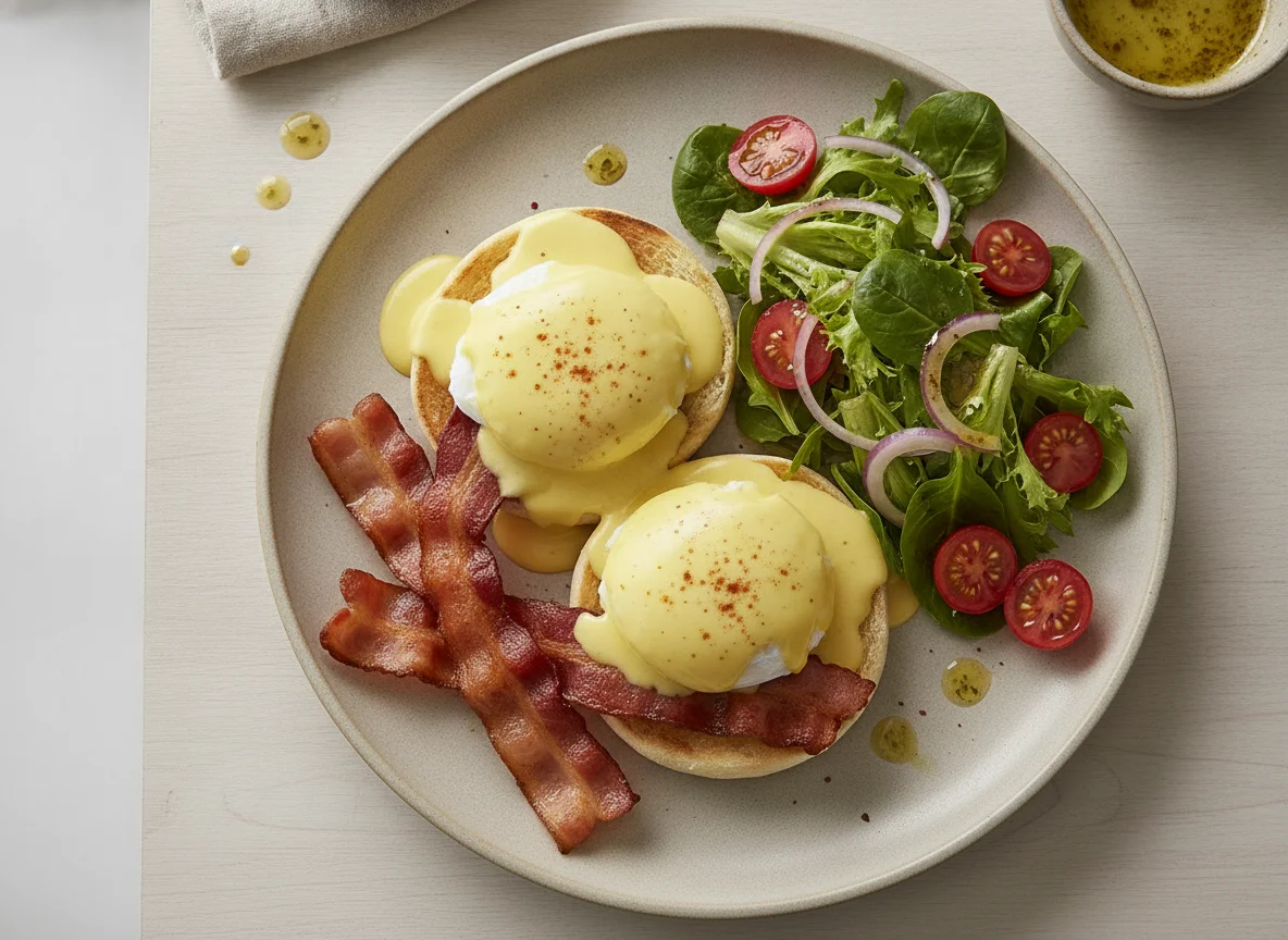 Huevos Benedict con bacon y ensalada photo