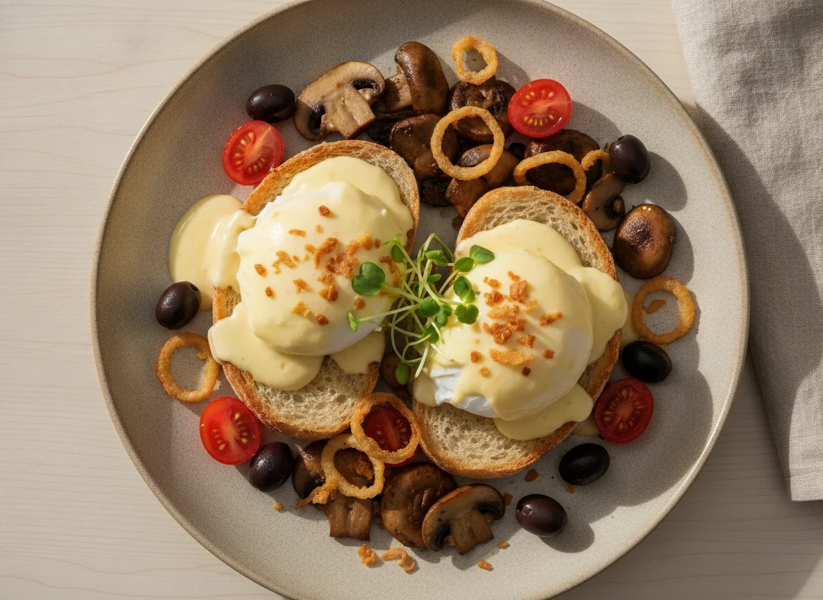 Huevos Benedictinos con Champiñones y Salsa Holandesa photo
