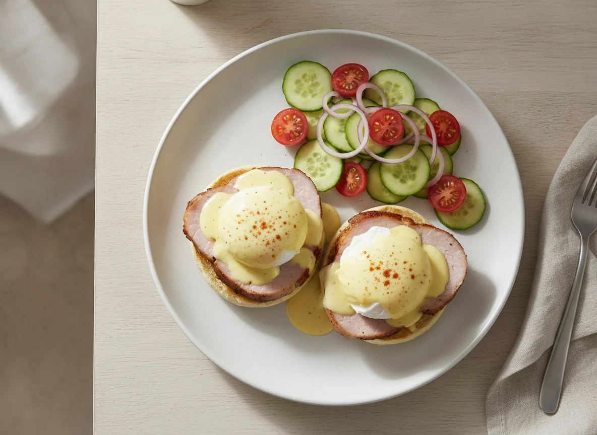 Huevos benedictinos con ensalada de pepino y tomate photo