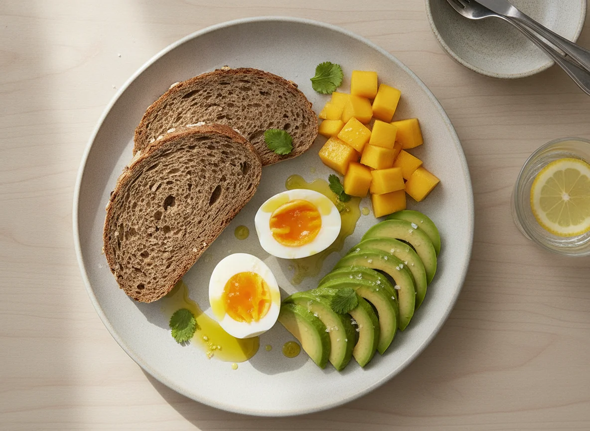 Huevos cocidos con aguacate, pan de centeno y mango photo