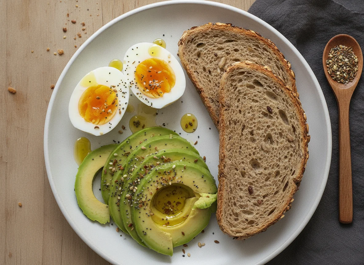Huevos cocidos con aguacate y pan integral photo