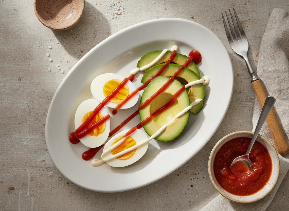 Huevos cocidos con aguacate y salsas photo