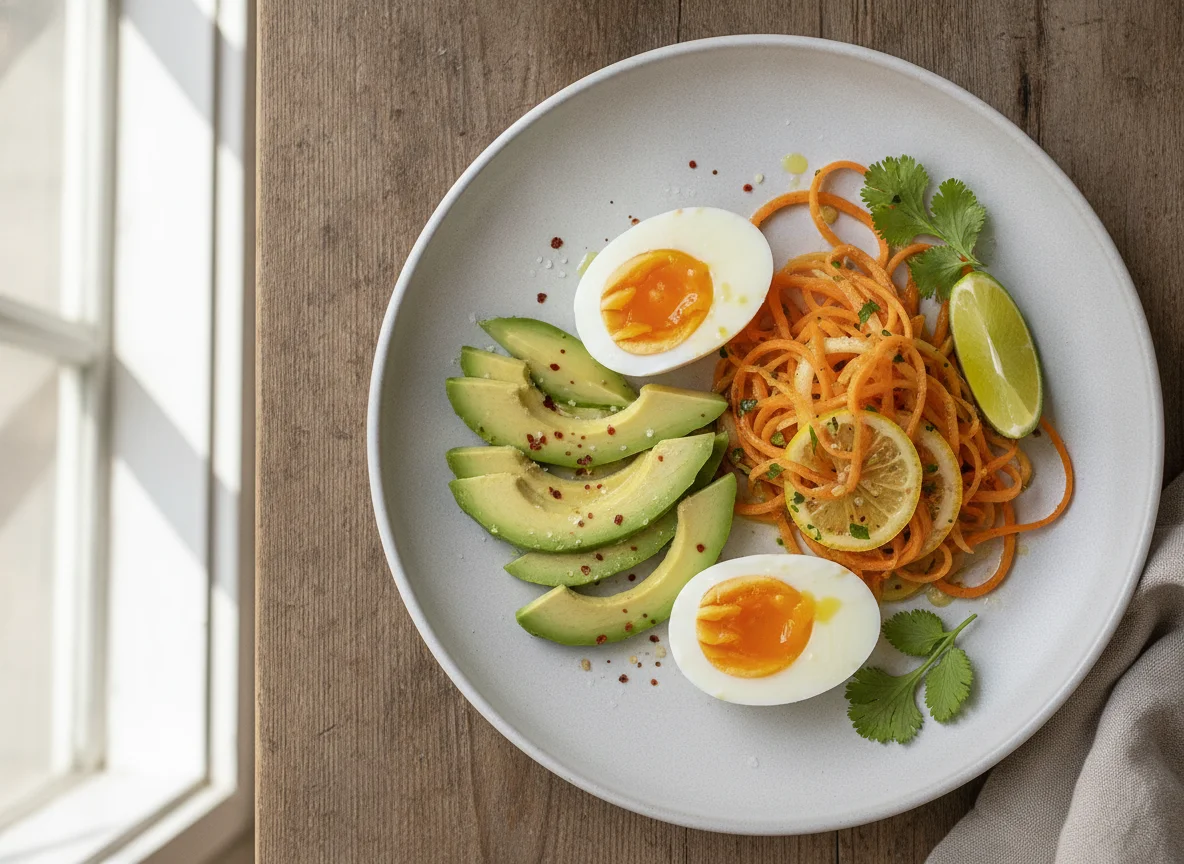 Huevos cocidos con aguacate y zanahoria photo
