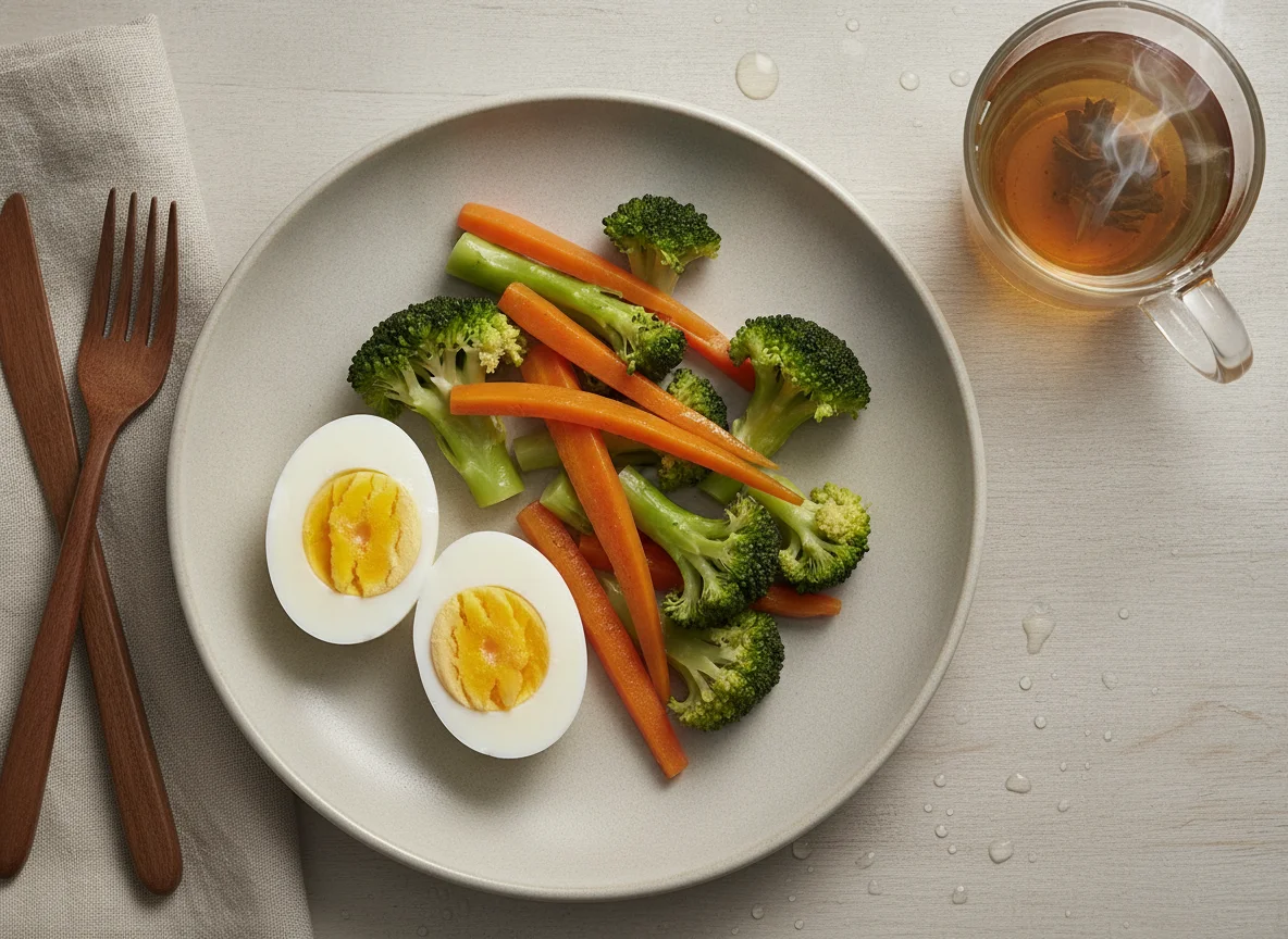 Huevos cocidos con brócoli y zanahorias al vapor y té photo