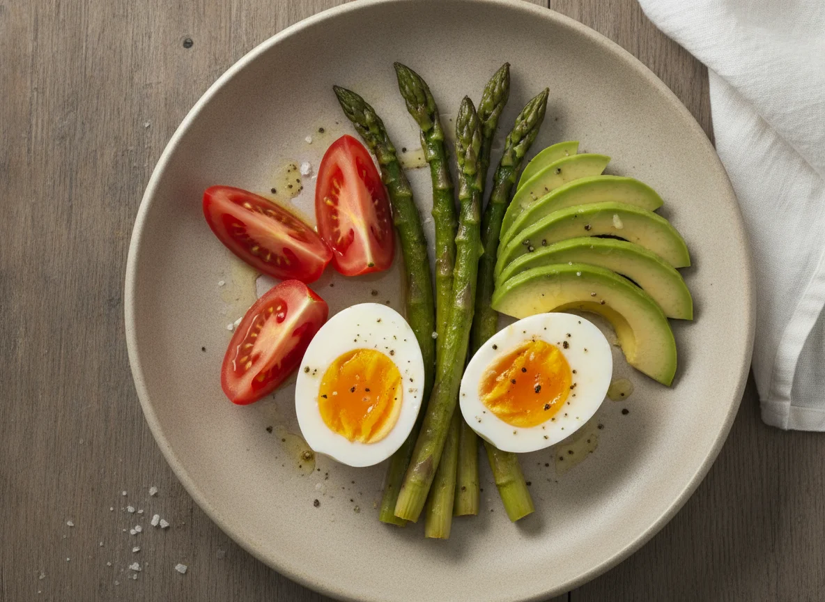 Huevos cocidos con espárragos, aguacate y jitomate photo