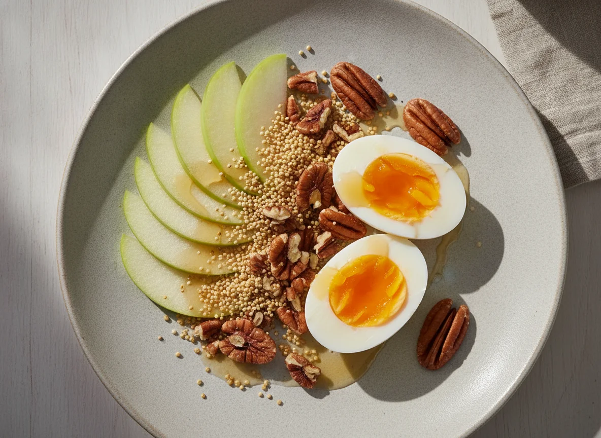 Huevos cocidos con manzana, nueces y amaranto photo