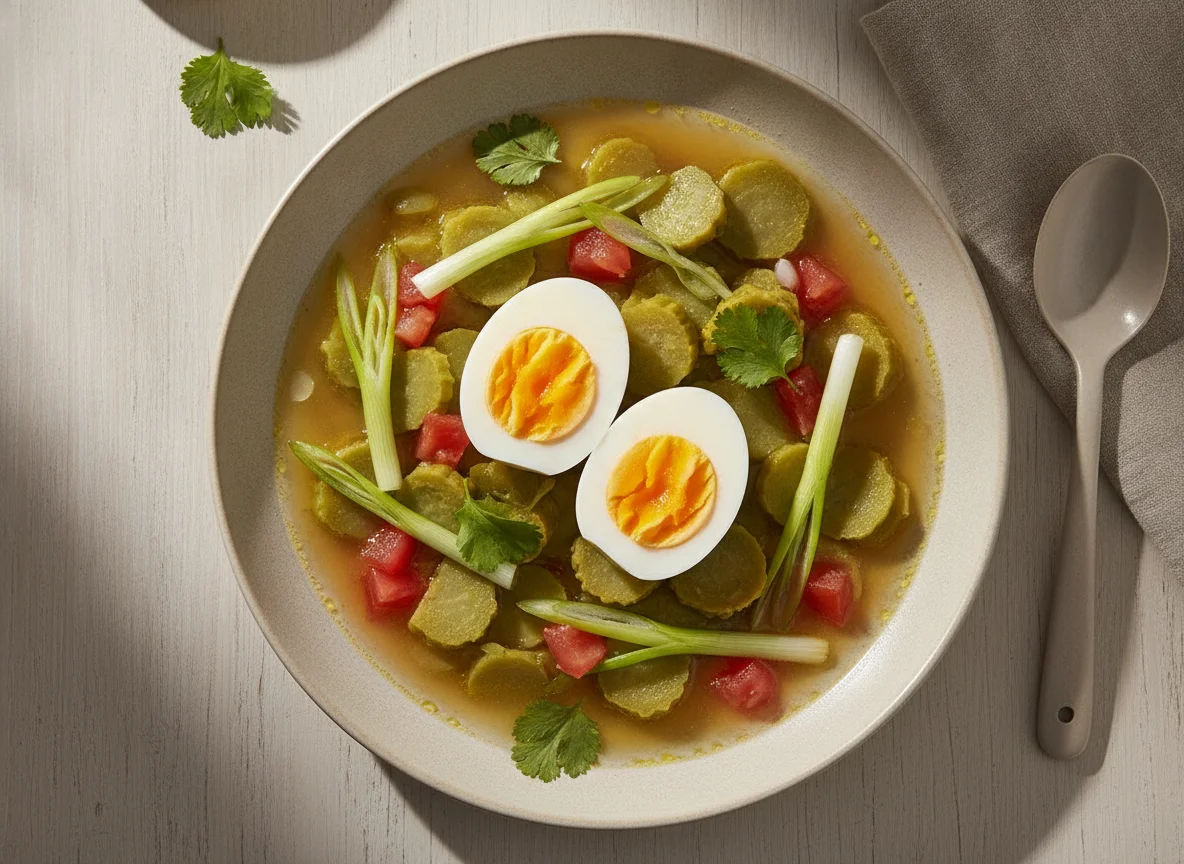 Huevos cocidos con nopales en caldo photo