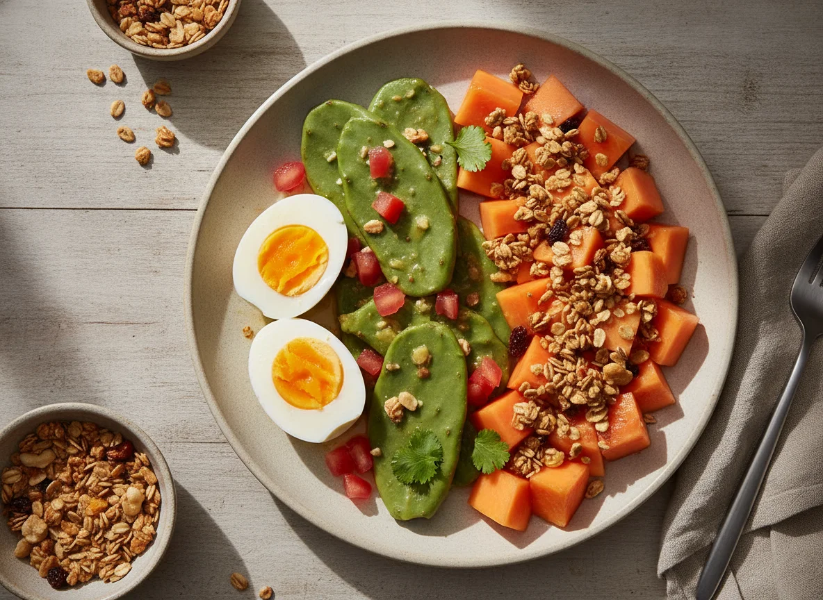 Huevos cocidos con nopales y papaya con granola photo