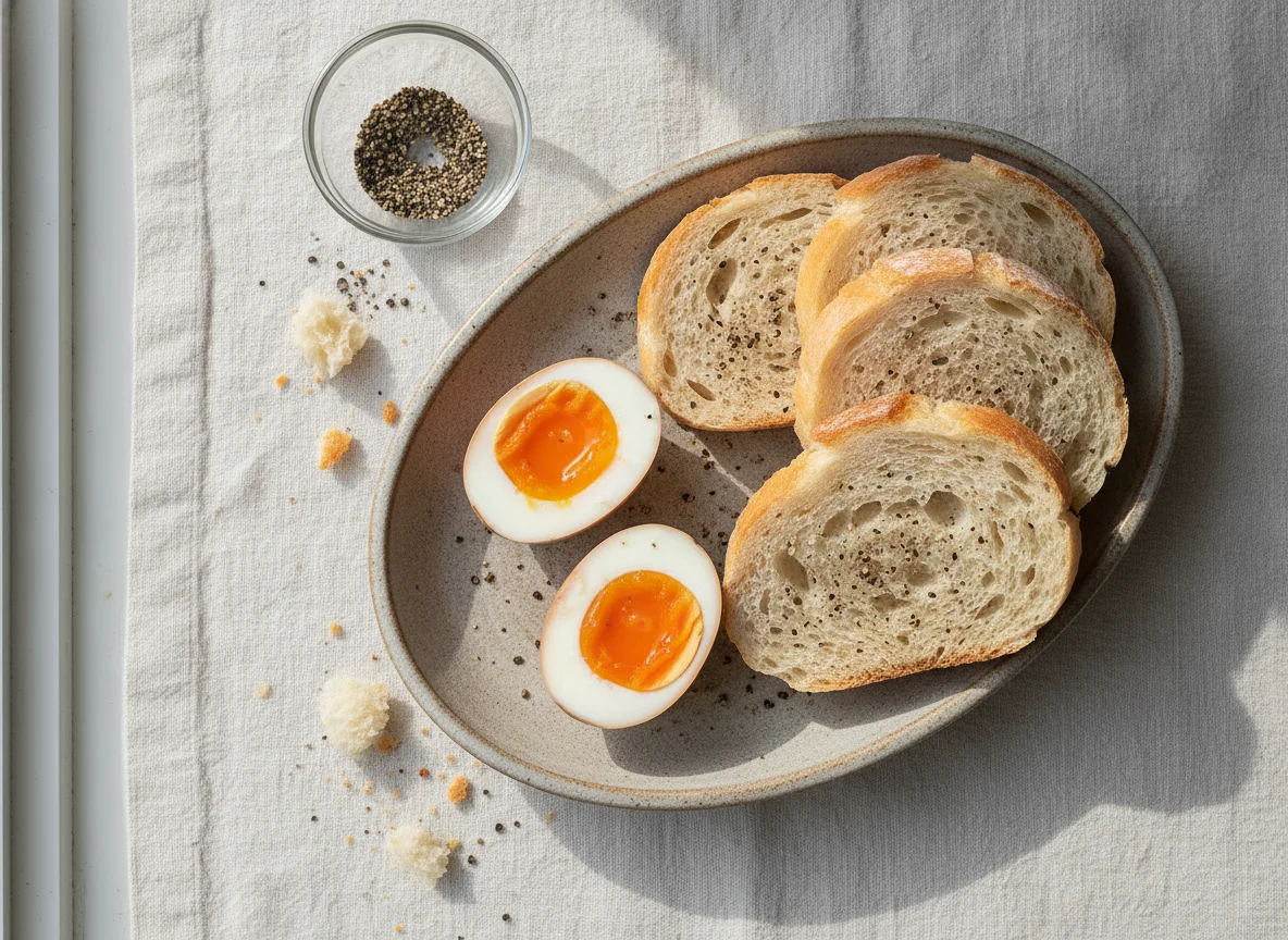Huevos cocidos con pan blanco photo