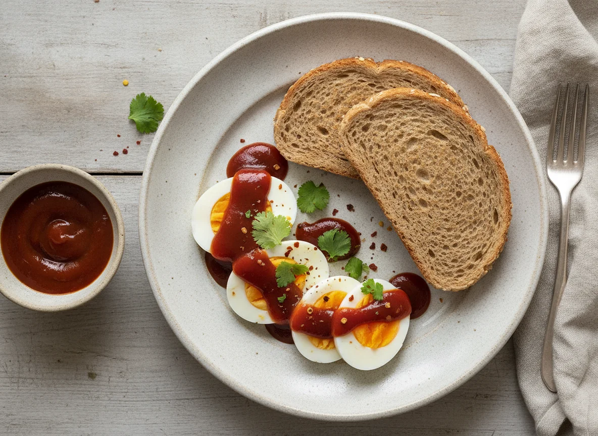 Huevos cocidos con pan integral y salsa photo