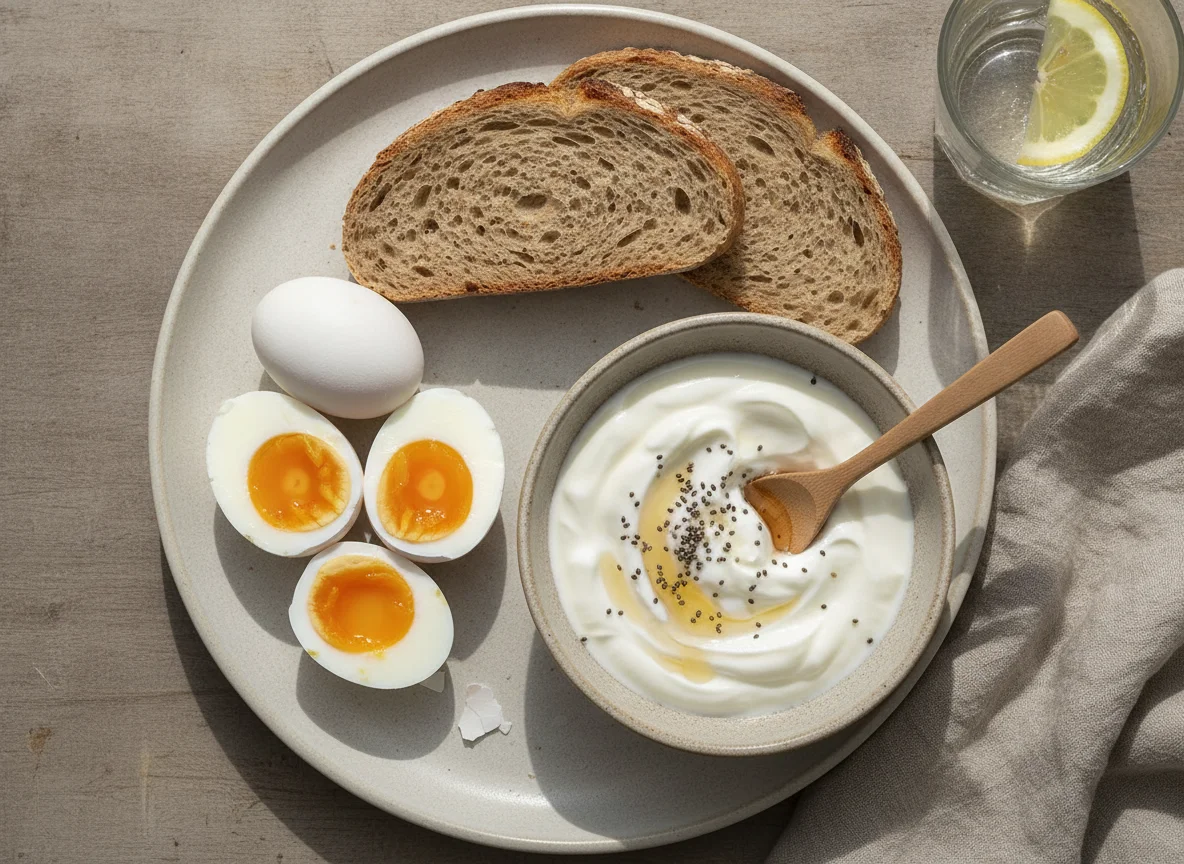 Huevos cocidos con pan integral y yogur photo