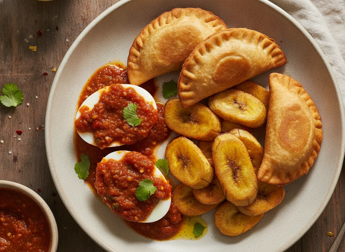 Huevos cocidos con salsa, empanadillas y plátano frito photo