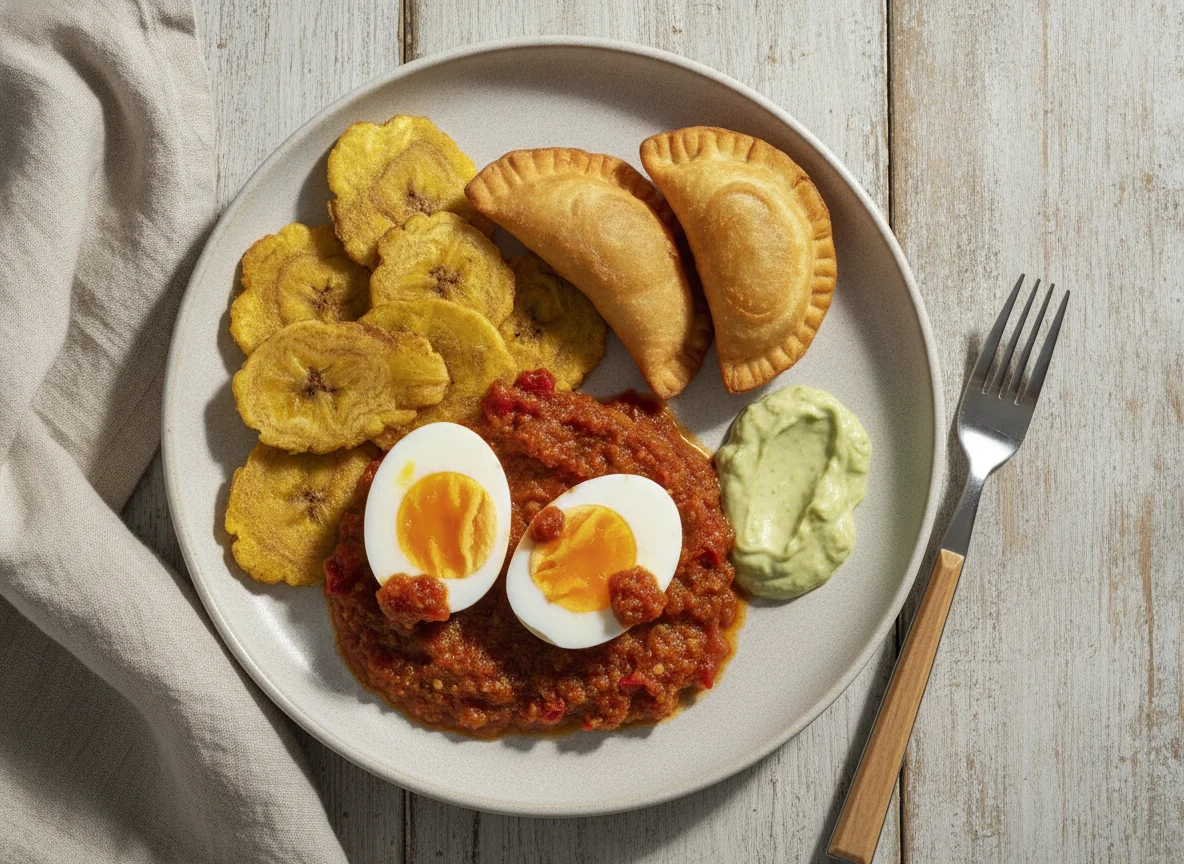 Huevos cocidos con salsa, plátano frito y empanadillas photo
