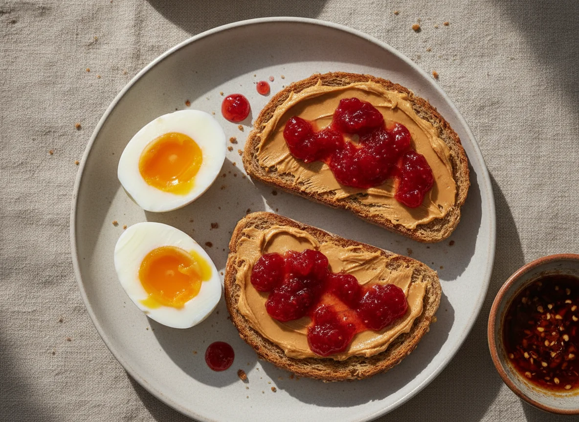 Huevos cocidos con tostadas de mantequilla de maní y mermelada photo