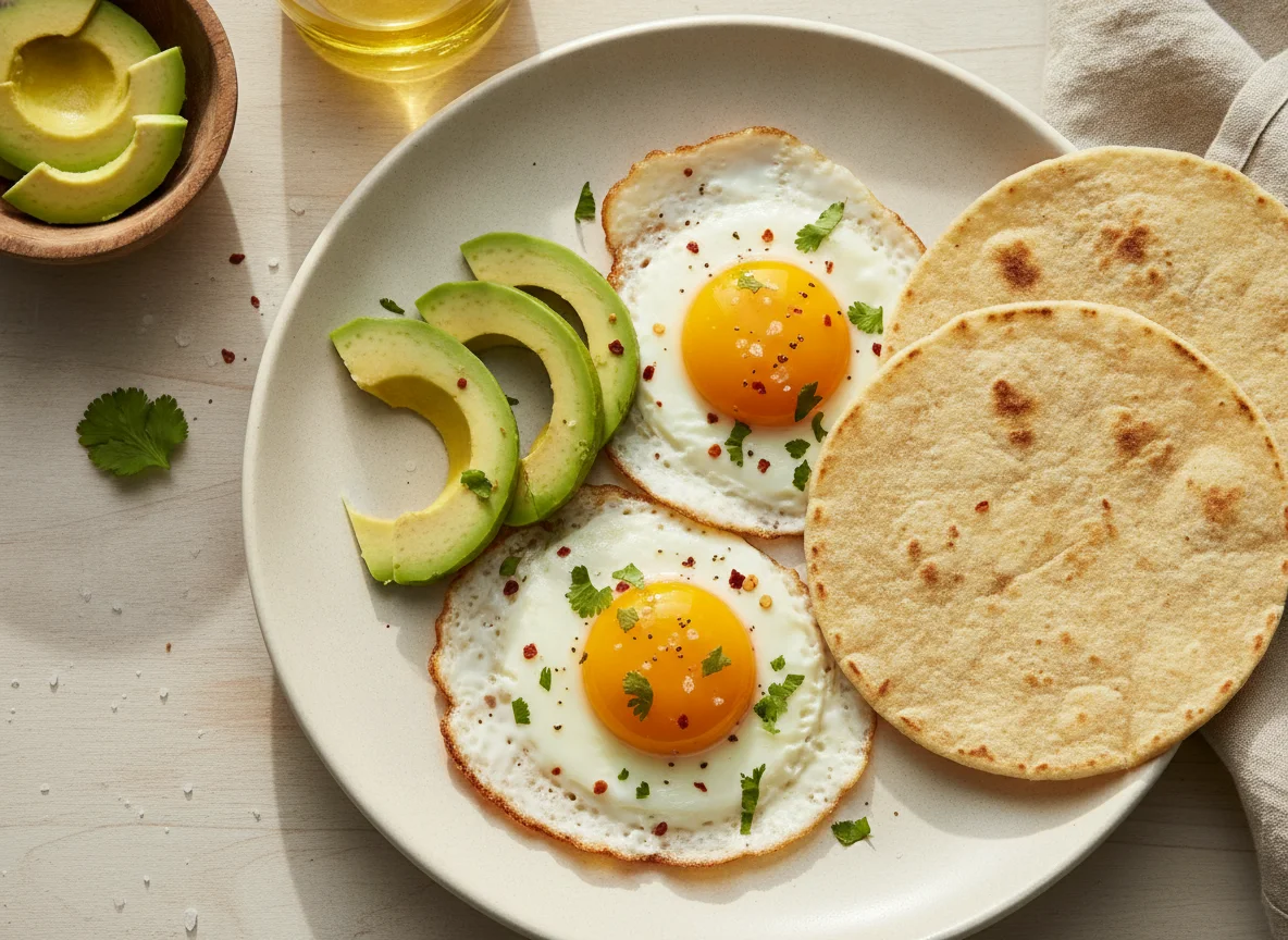 Huevos con aguacate y tortillas photo