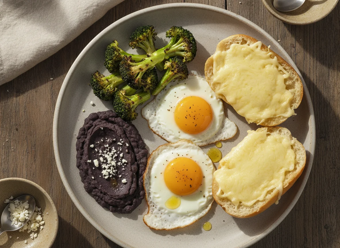 Huevos con brócoli, frijoles refritos y molletes photo