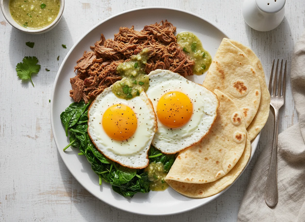 Huevos con carne deshebrada y tortillas photo