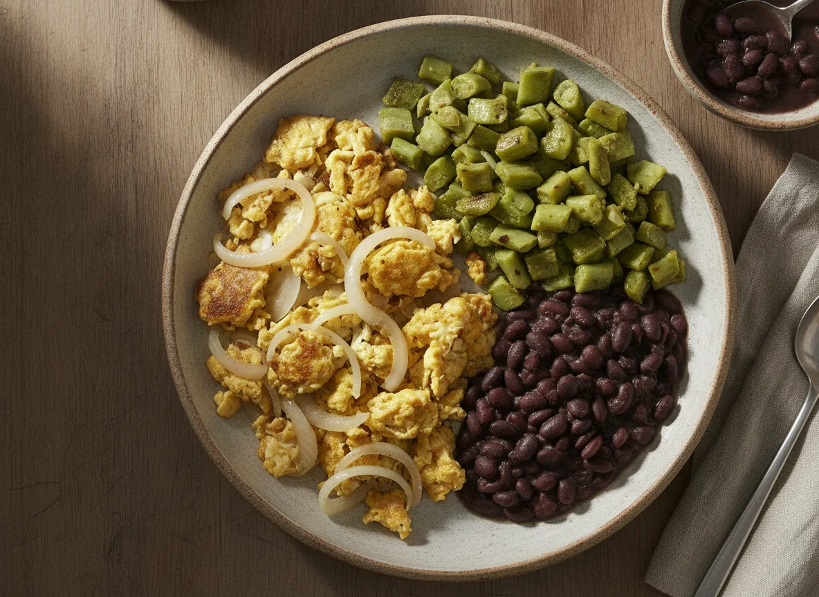 Huevos con cebolla acompañados de nopales y frijoles negros photo