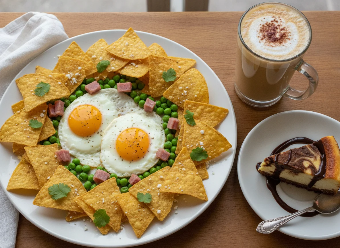 Huevos con chícharos, totopos y postre con café photo