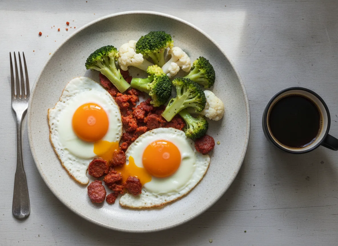 Huevos con chorizo acompañados de brócoli, coliflor y café negro photo