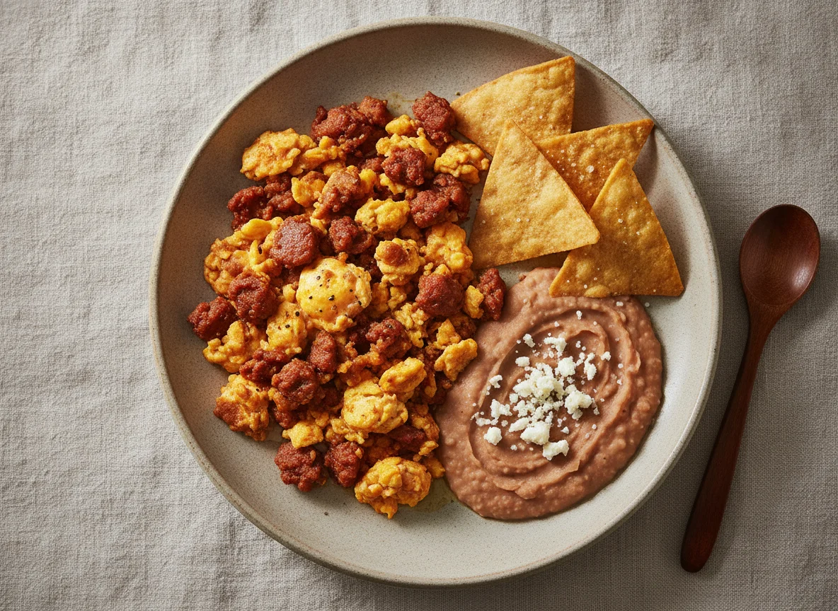 Huevos con chorizo acompañados de frijoles y totopos photo