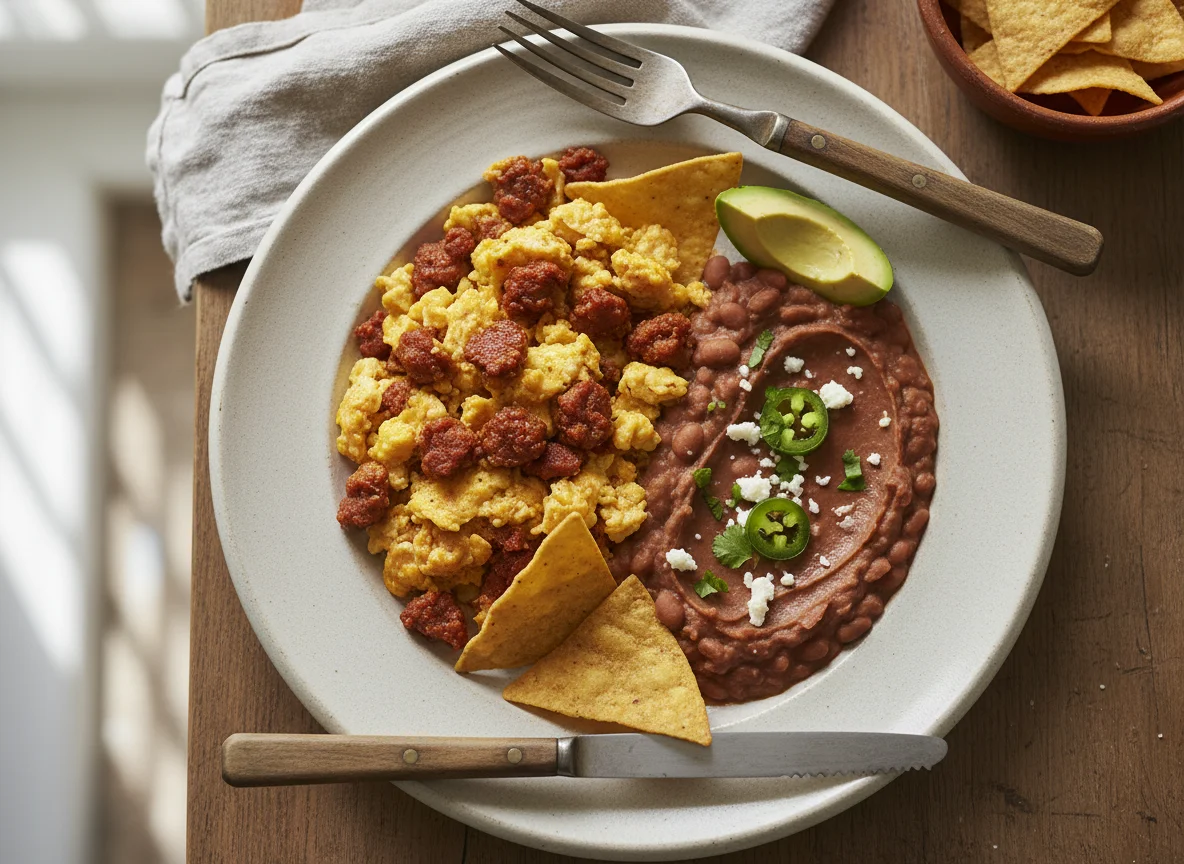Huevos con chorizo y frijoles refritos photo